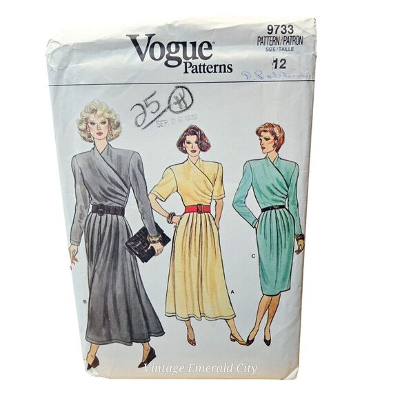 Uncut Vintage Vogue 9733 Size 12 Mock Wrap Bias Dress Pattern in 3 Lengths - Picture 1 of 5